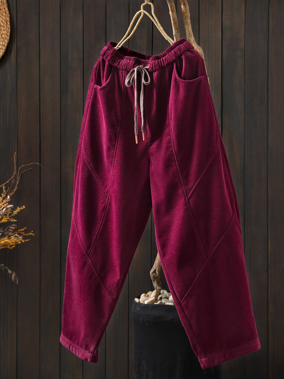 Winter Retro Cotton Warm Solid Color Lace-Up Plush Pants