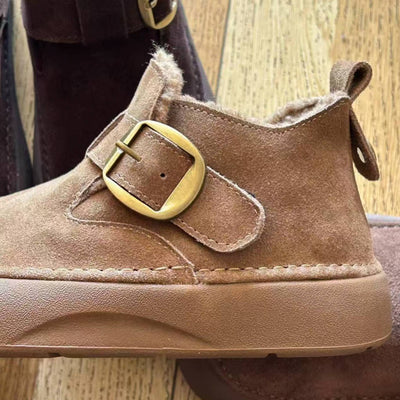 Winter Leather Sueded Wide Toe Fleece-Lined Platform Ankle Boots
