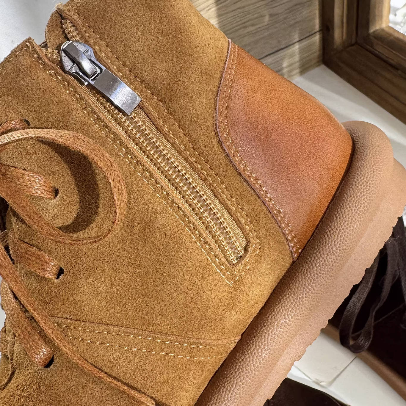 Autumn Winter Leather Sueded Patchwork Lace-Up Zipper Ankle Boots