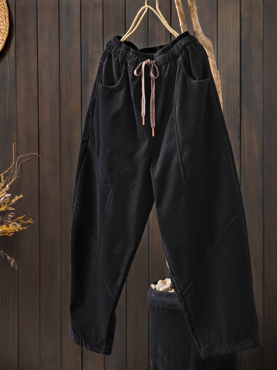 Winter Retro Cotton Warm Solid Color Lace-Up Plush Pants