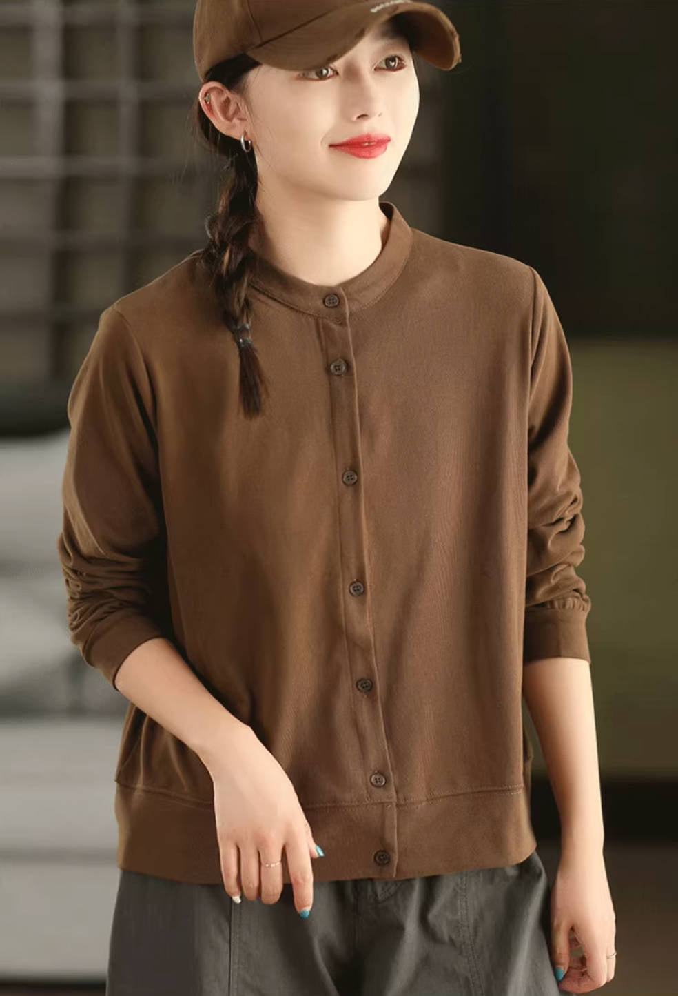 Retro Cotton Solid Color Single Breasted Round Neck Cardigans