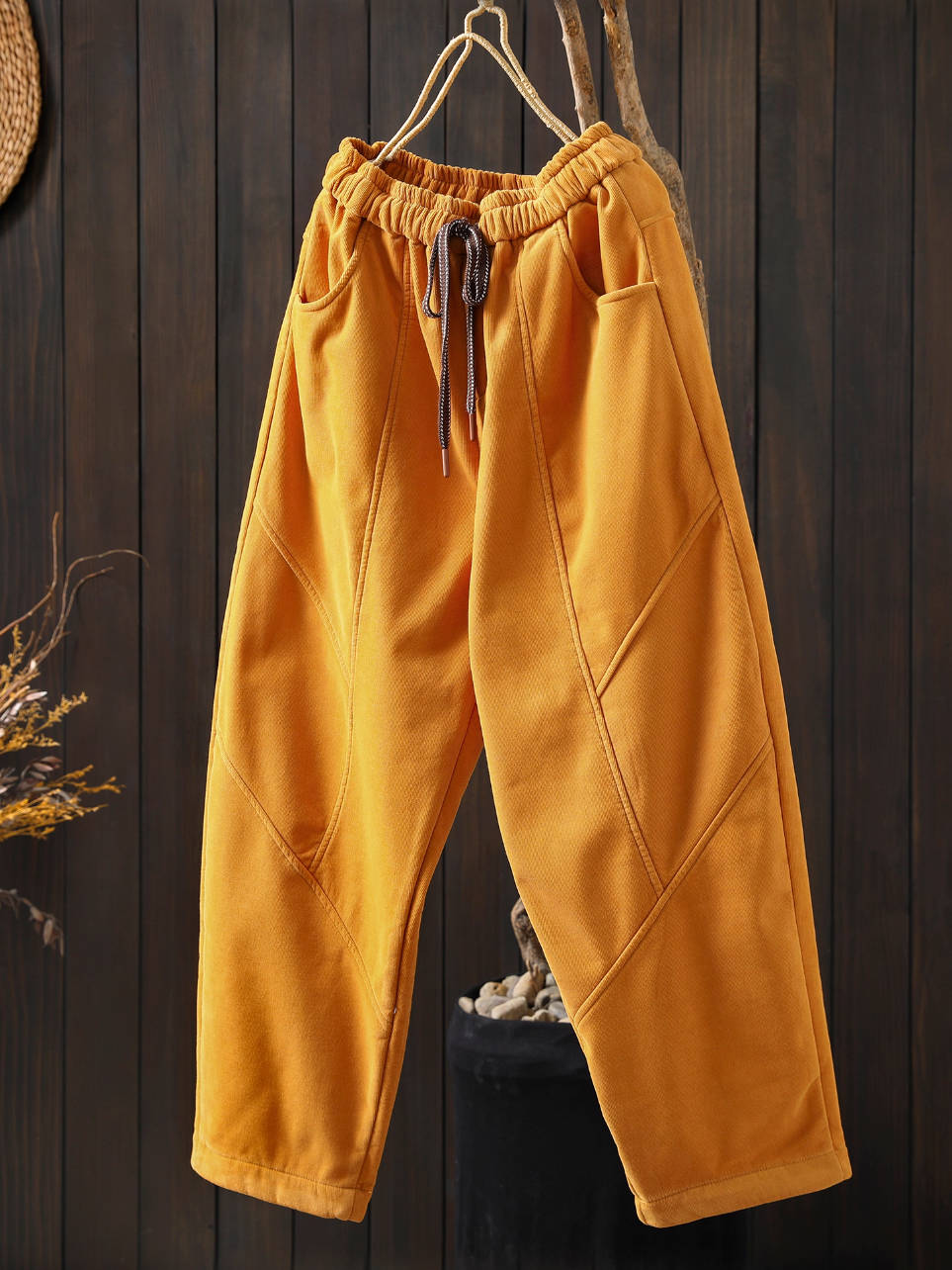 Winter Retro Cotton Warm Solid Color Lace-Up Plush Pants