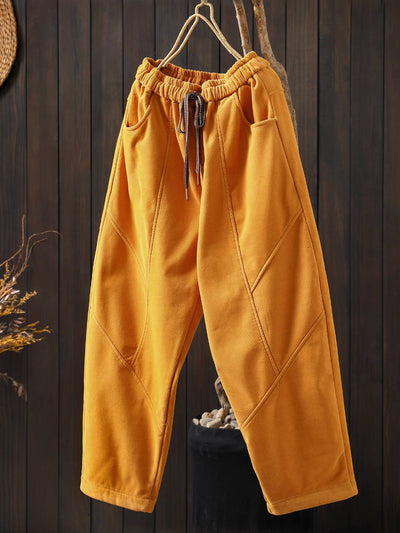 Winter Retro Cotton Warm Solid Color Lace-Up Plush Pants