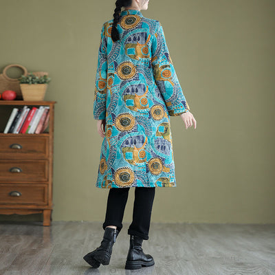 Babakud Women Winter Retro Loose Cotton Linen Printed Quilted Coat