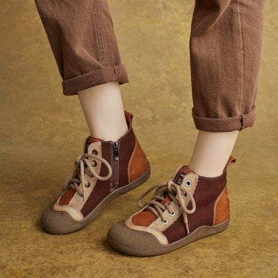 Top Leather Patchwork Round Toe Lace-Up Zipper Ankle Boots