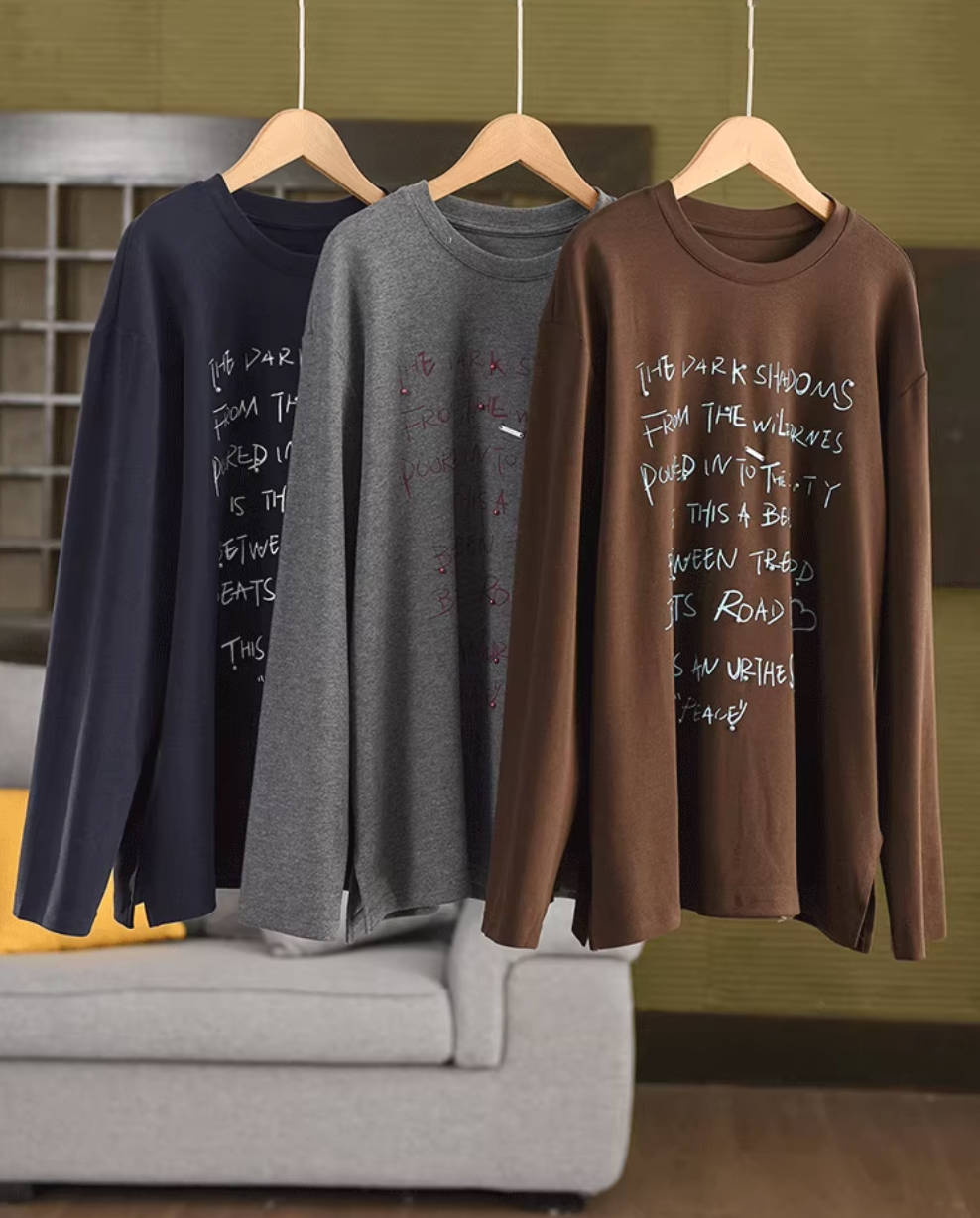 Retro Cotton Letters Printed Round Neck Long Sleeves Top Overshirt