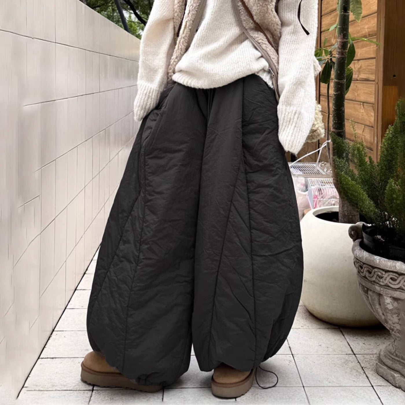 Winter Black Wide Leg Loose Cotton-In Warm Pants