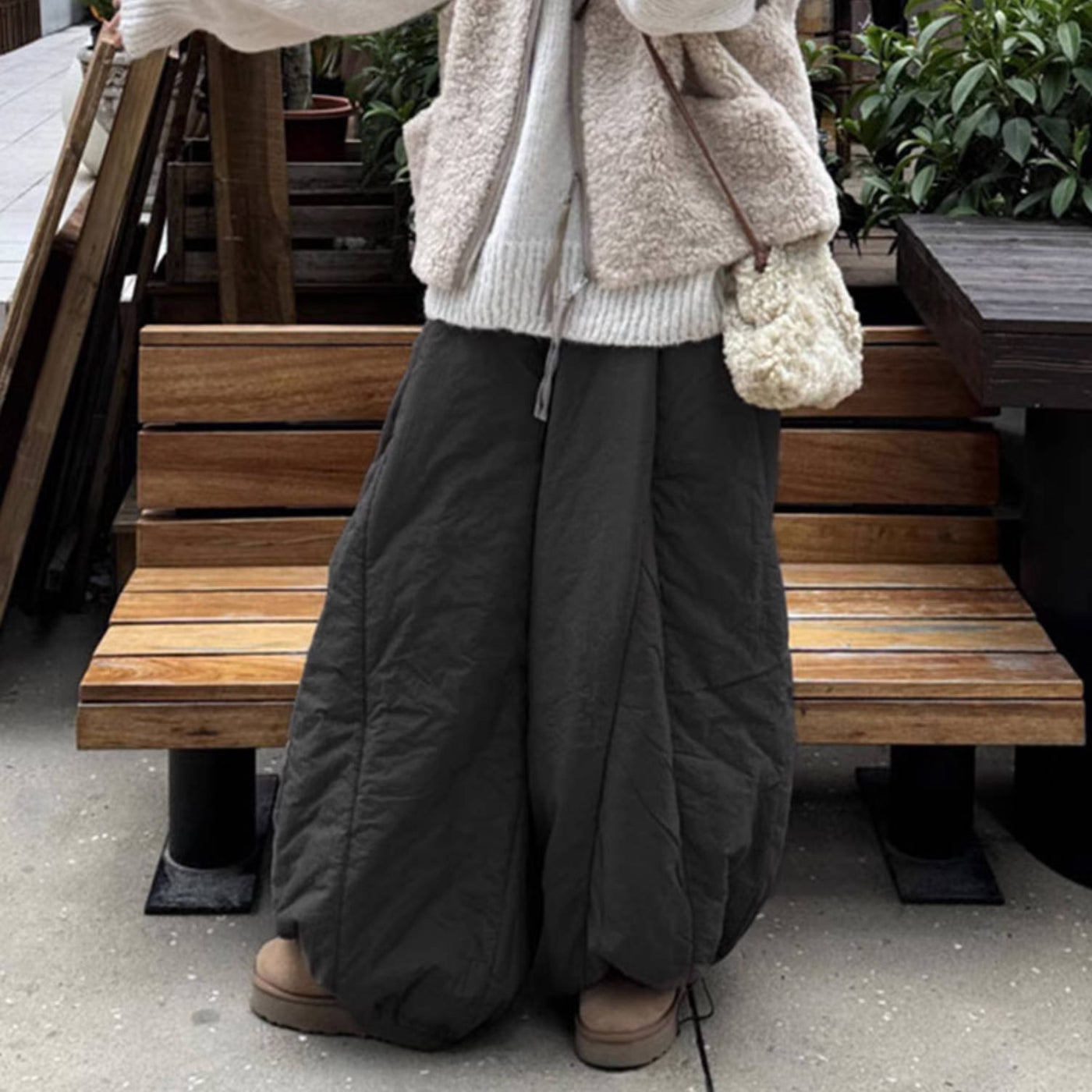 Winter Black Wide Leg Loose Cotton-In Warm Pants