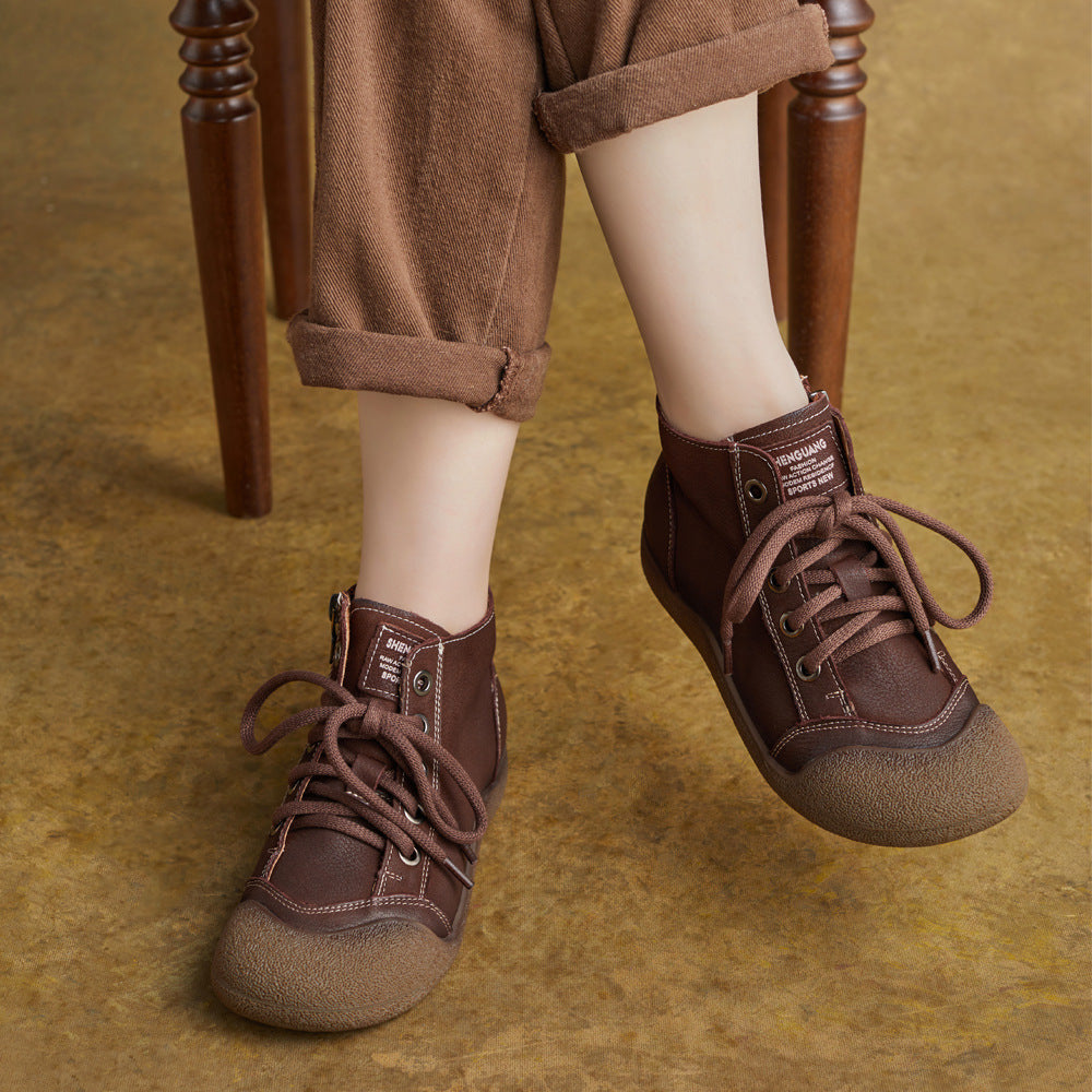 Top Leather Patchwork Round Toe Lace-Up Zipper Ankle Boots