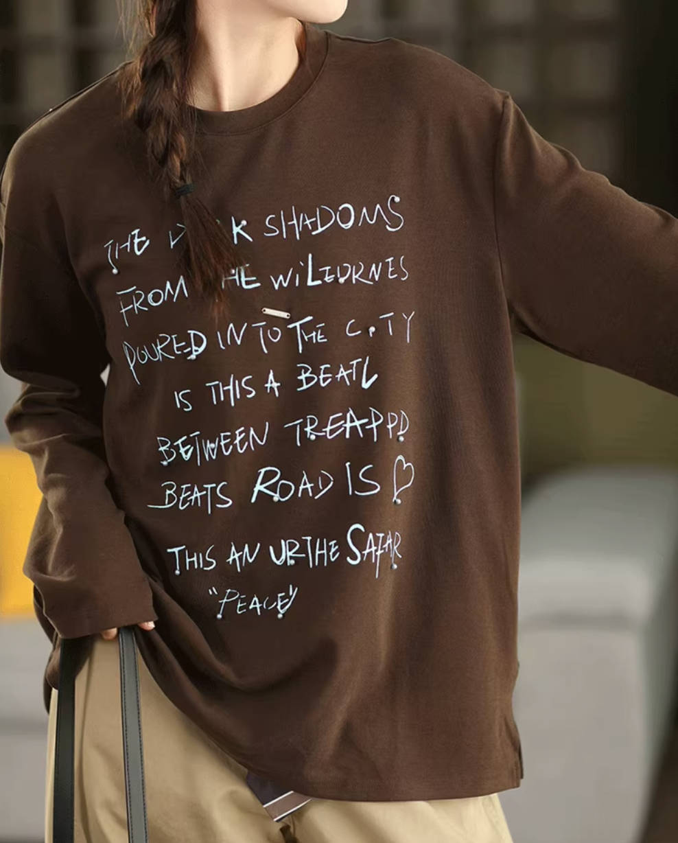 Retro Cotton Letters Printed Round Neck Long Sleeves Top Overshirt