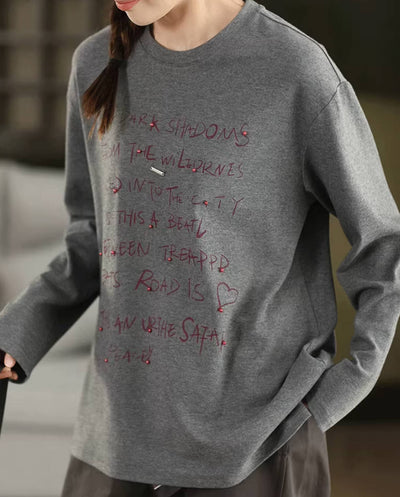 Retro Cotton Letters Printed Round Neck Long Sleeves Top Overshirt