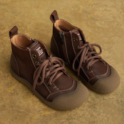 Top Leather Patchwork Round Toe Lace-Up Zipper Ankle Boots