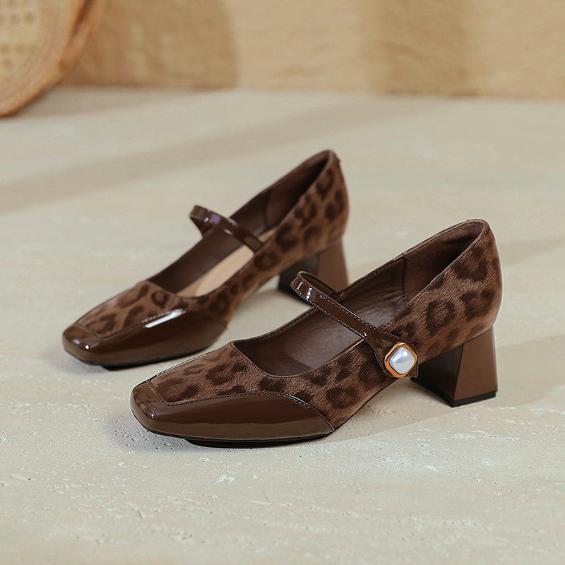 Retro Leather Leopord Patchwork One Straped Pearl Chunky Sandals