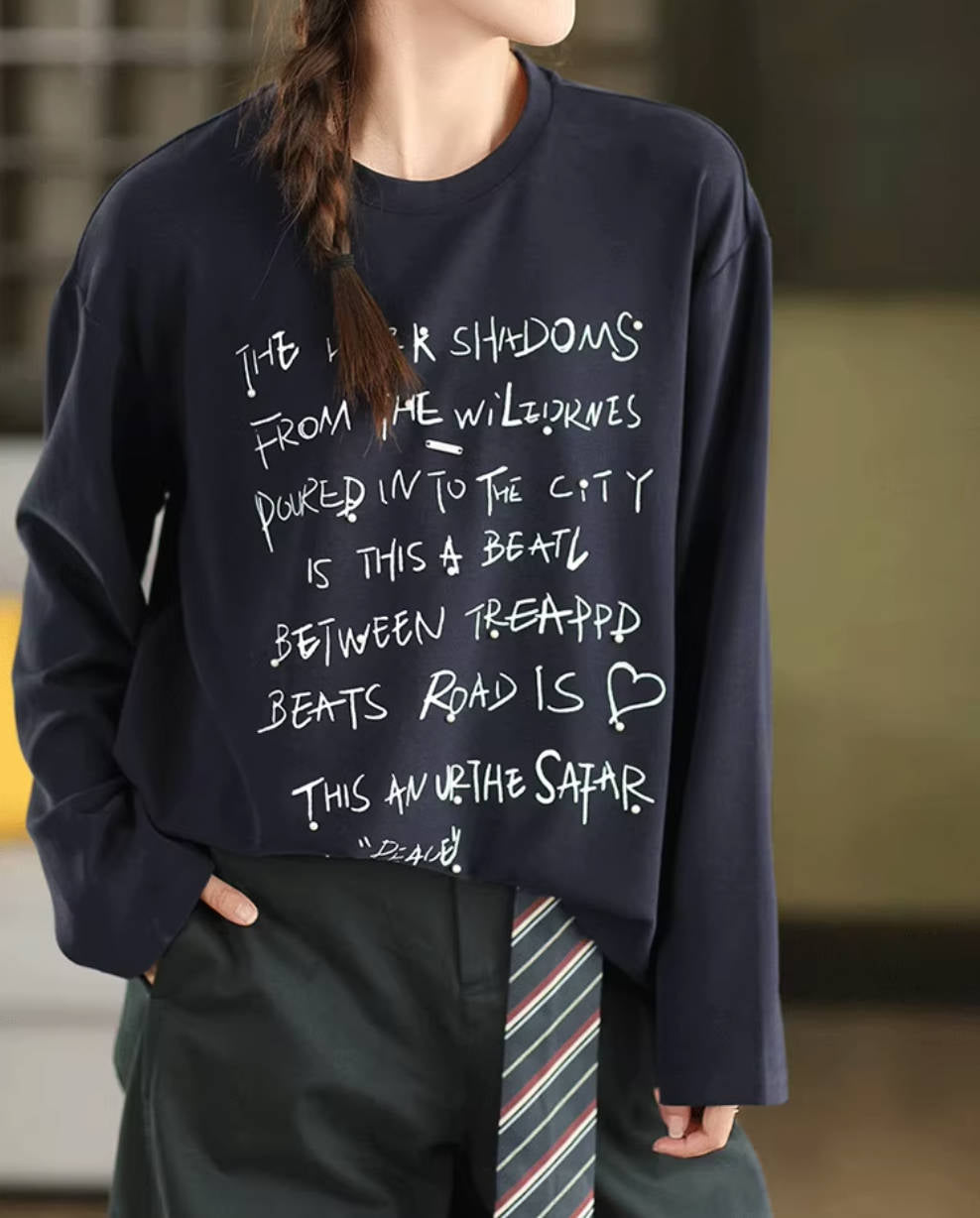 Retro Cotton Letters Printed Round Neck Long Sleeves Top Overshirt