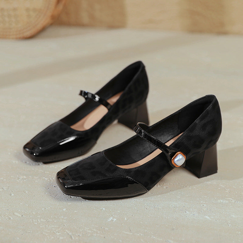 Retro Leather Leopord Patchwork One Straped Pearl Chunky Sandals