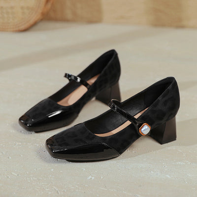 Retro Leather Leopord Patchwork One Straped Pearl Chunky Sandals