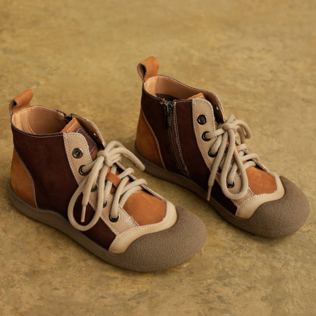 Top Leather Patchwork Round Toe Lace-Up Zipper Ankle Boots