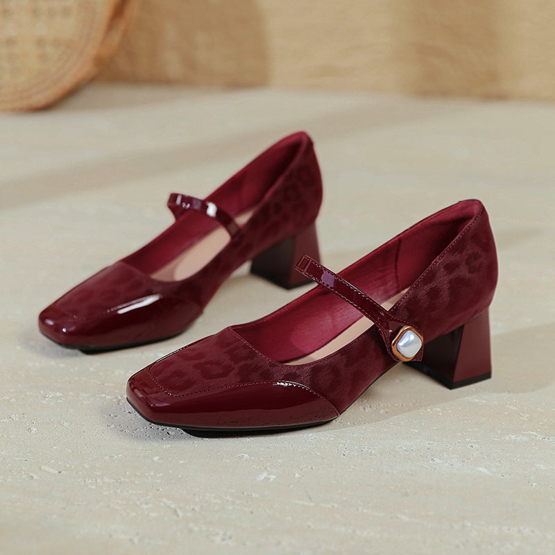 Retro Leather Leopord Patchwork One Straped Pearl Chunky Sandals