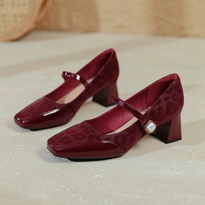 Retro Leather Leopord Patchwork One Straped Pearl Chunky Sandals