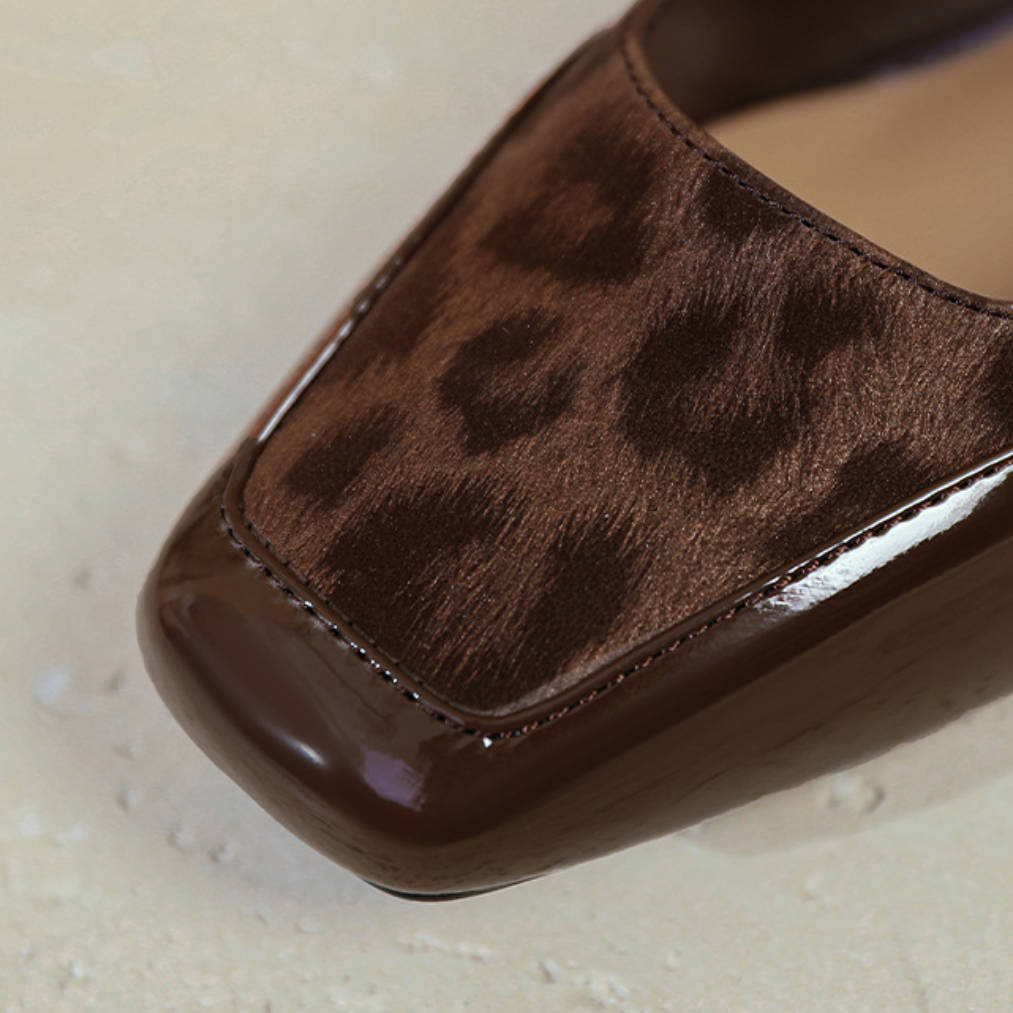 Retro Leather Leopord Patchwork One Straped Pearl Chunky Sandals