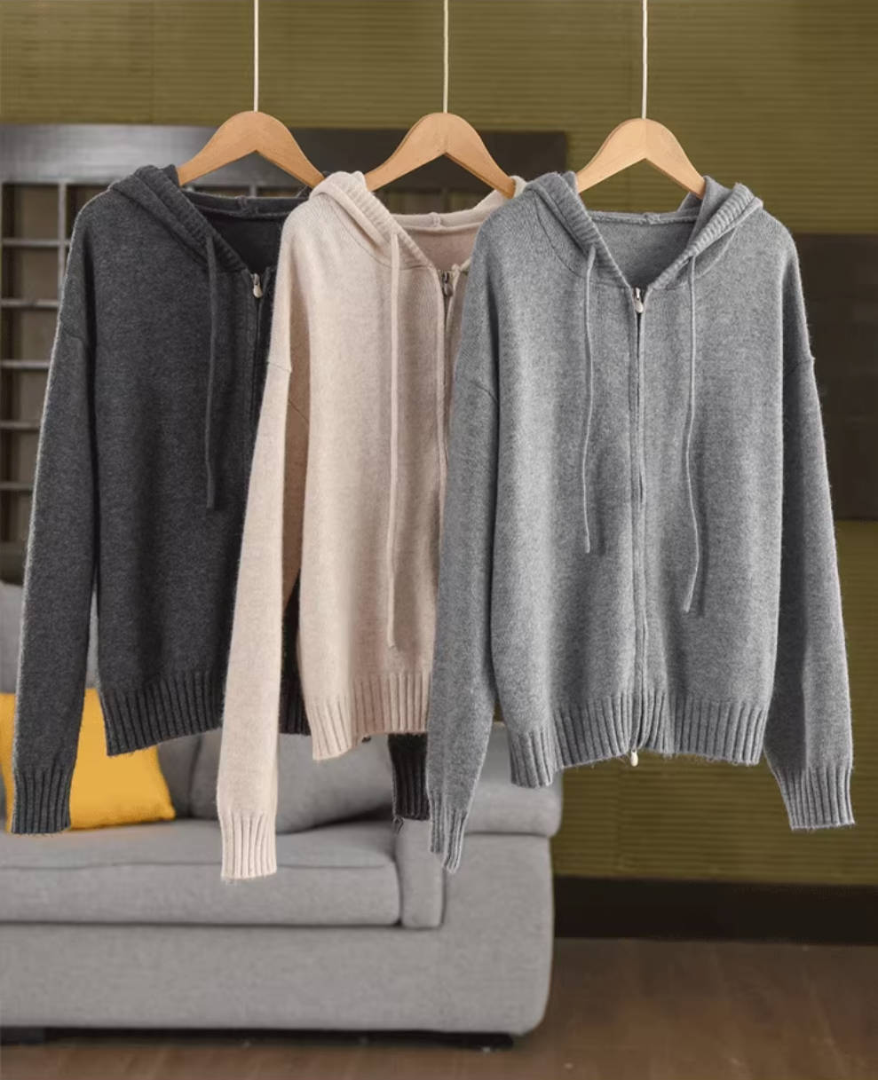 Retro Autumn Wool Knitted Warm Zipper Hoodies Outwear Top