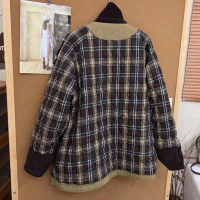 Winter Retro Cotton Patchwork Plaid Cotton-In Thick Zipper Coat