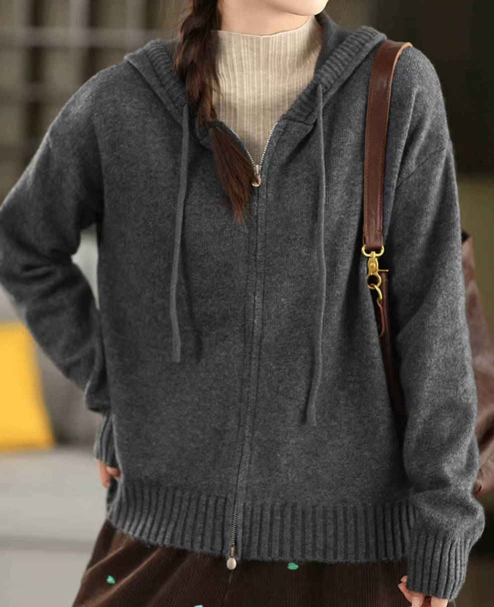 Retro Autumn Wool Knitted Warm Zipper Hoodies Outwear Top