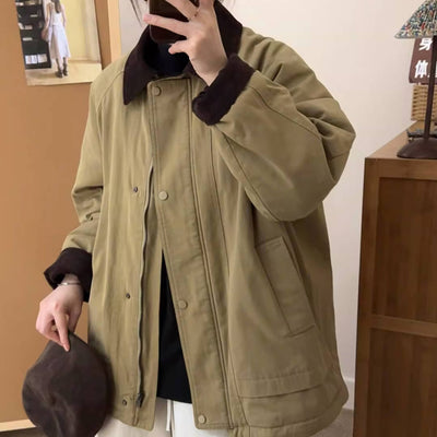 Winter Retro Cotton Patchwork Plaid Cotton-In Thick Zipper Coat