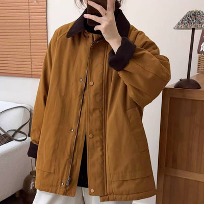 Winter Retro Cotton Patchwork Plaid Cotton-In Thick Zipper Coat