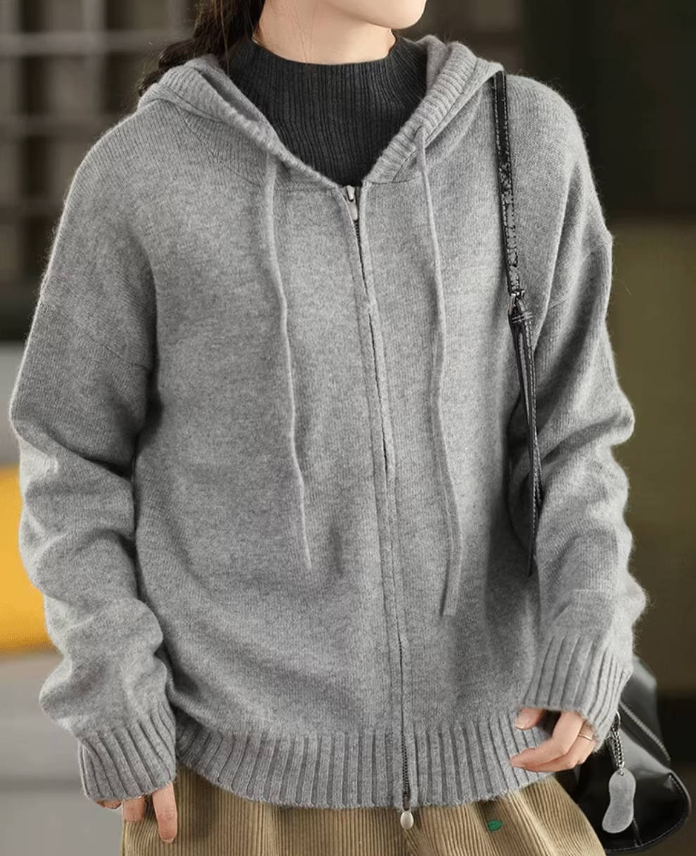 Retro Autumn Wool Knitted Warm Zipper Hoodies Outwear Top
