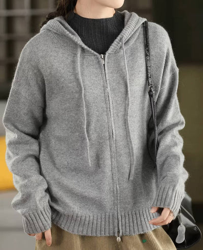Retro Autumn Wool Knitted Warm Zipper Hoodies Outwear Top