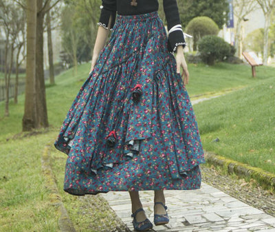 Vintage Floral Printed Ruffled Asymmetric Skirt