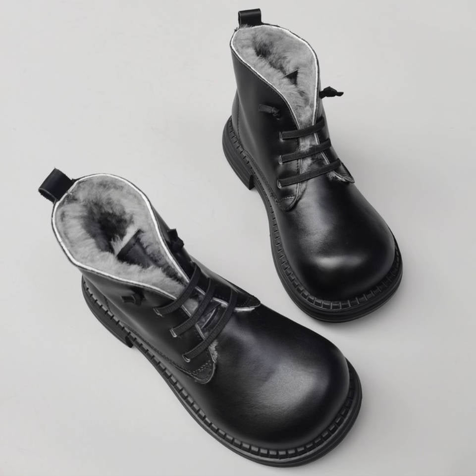 Genuine Leather Round Wide Toe Wool-In Warm Elastic Slip-On Boots