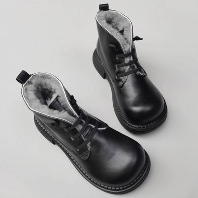 Genuine Leather Round Wide Toe Wool-In Warm Elastic Slip-On Boots