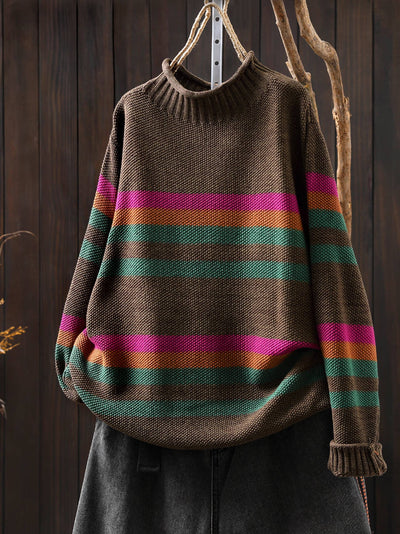 Winter Warm Cotton High Neck Striped Plus Size Loose Sweaters