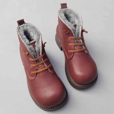 Genuine Leather Round Wide Toe Wool-In Warm Elastic Slip-On Boots