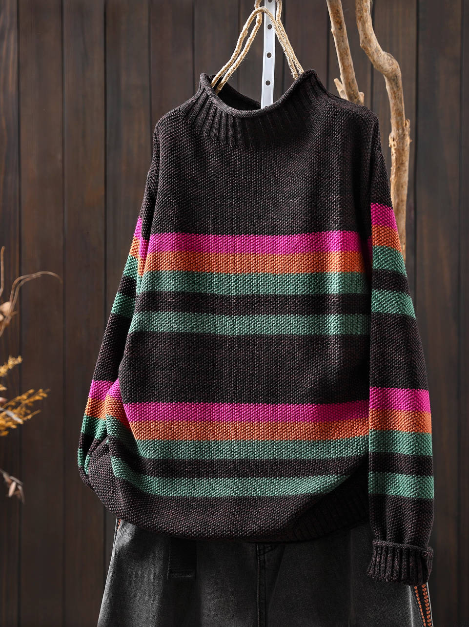 Winter Warm Cotton High Neck Striped Plus Size Loose Sweaters