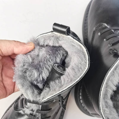 Genuine Leather Round Wide Toe Wool-In Warm Elastic Slip-On Boots