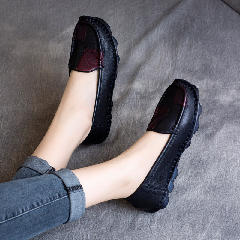 Women Ethnic Retro Color Black Soft Sole Leather Slip-Ons