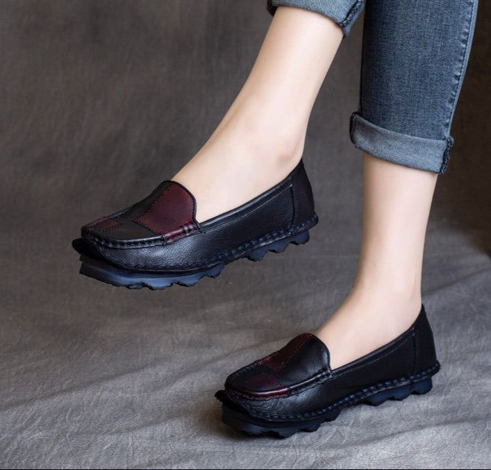 Women Ethnic Retro Color Black Soft Sole Leather Slip-Ons