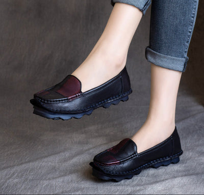 Women Ethnic Retro Color Black Soft Sole Leather Slip-Ons