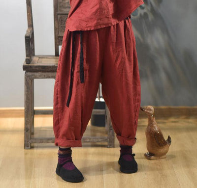 Women Loose-Fit Vintage Shine Color-Woven Linen Harem Pants
