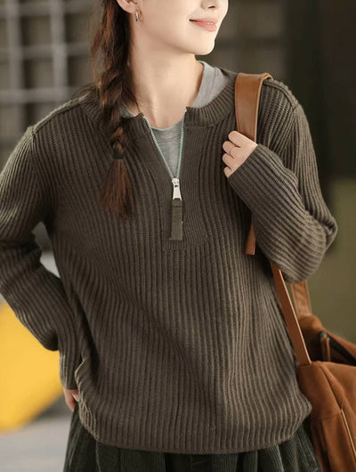 Autumn Casual Wool Knitted Round Neck Zipper Top Sweater