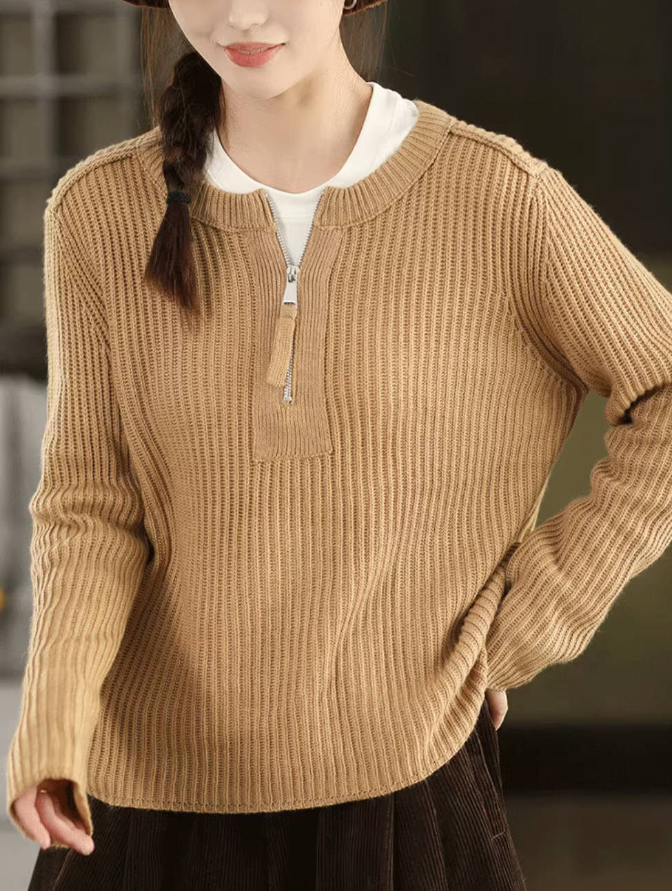 Autumn Casual Wool Knitted Round Neck Zipper Top Sweater