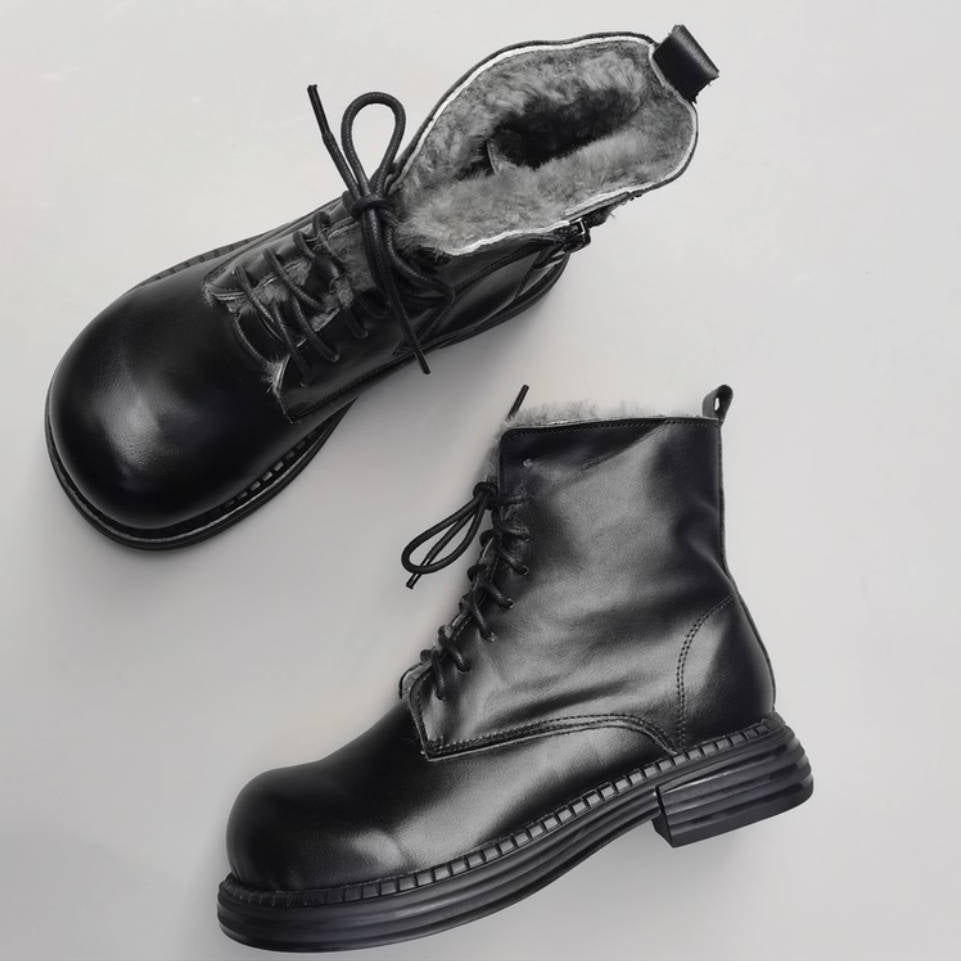 Retro Winter Warm Leather Wool-In Lace-Up Zipper Ankle Boots