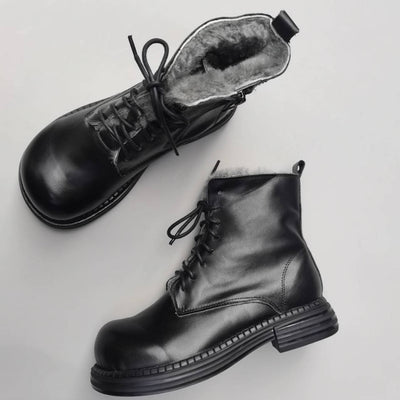 Retro Winter Warm Leather Wool-In Lace-Up Zipper Ankle Boots