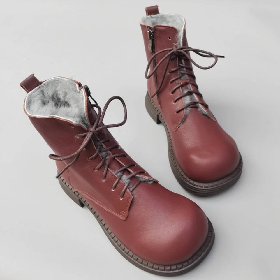 Retro Winter Warm Leather Wool-In Lace-Up Zipper Ankle Boots