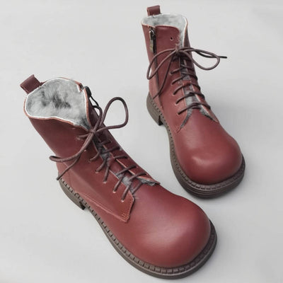 Retro Winter Warm Leather Wool-In Lace-Up Zipper Ankle Boots