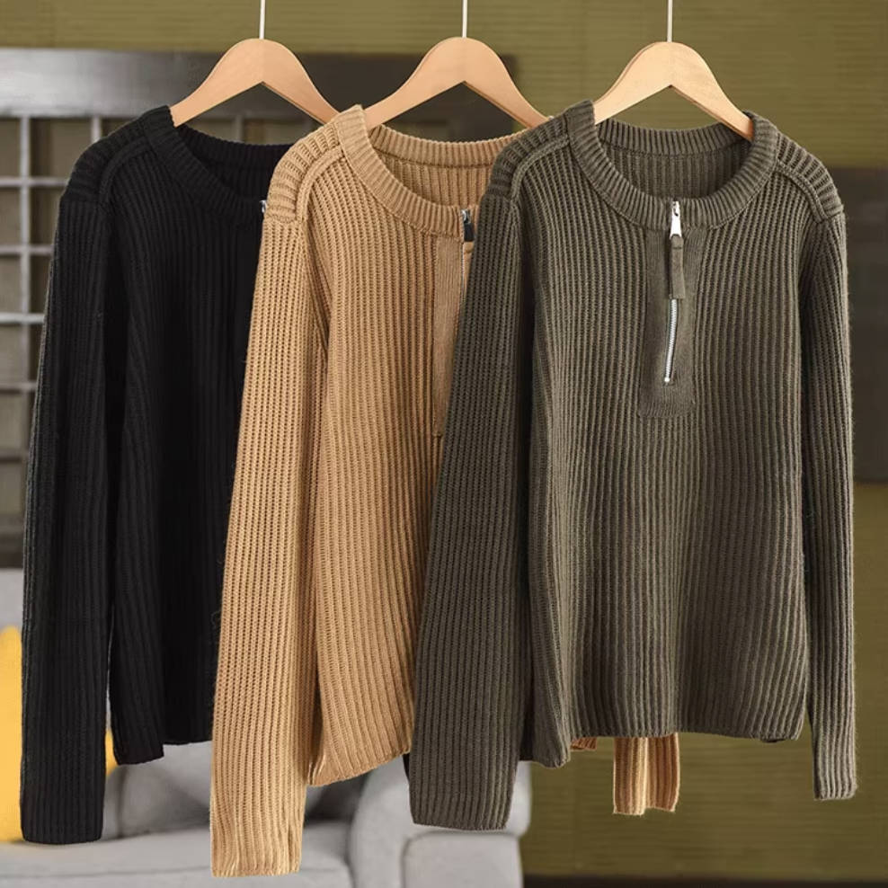 Autumn Casual Wool Knitted Round Neck Zipper Top Sweater