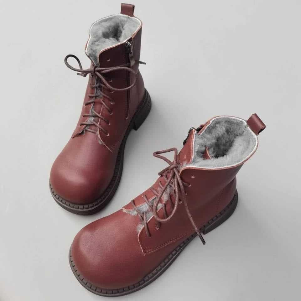 Retro Winter Warm Leather Wool-In Lace-Up Zipper Ankle Boots